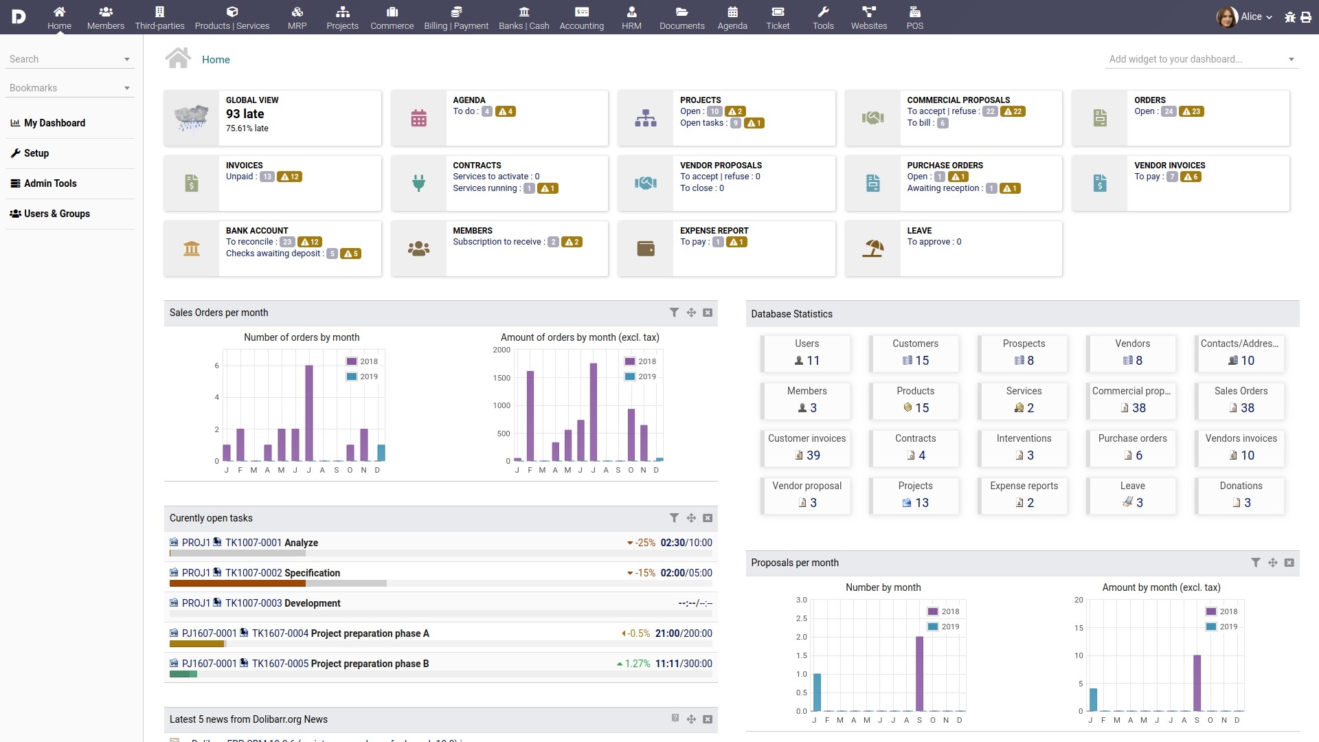 Interface Dolibarr — tableau de bord ERP CRM
